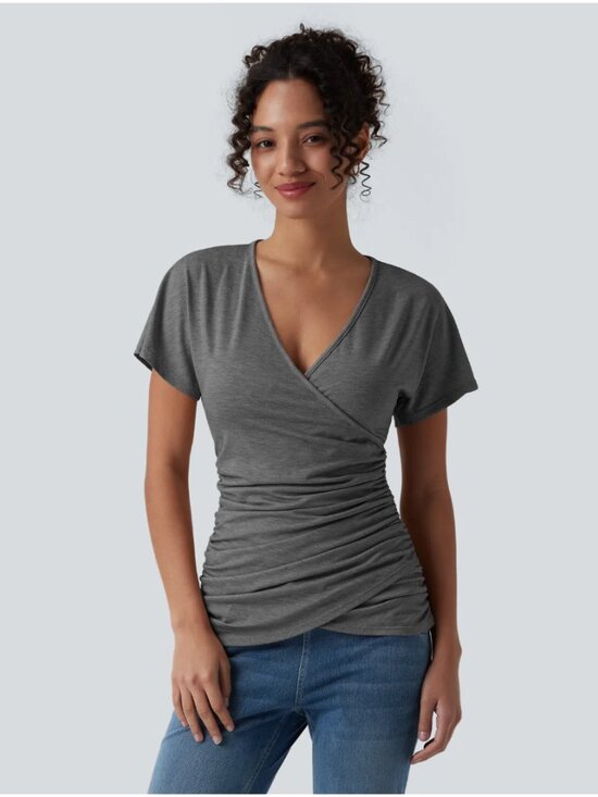 HALARA Tops - HALARA V Neck Short Sleeve Ruched Casual Top Size Medium NEW